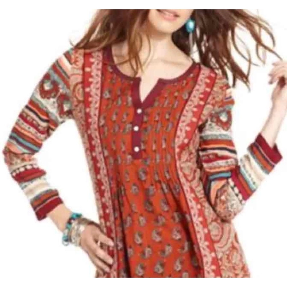 Lucky Brand Women's Paisley Stripe Pintuck Top size M Boho